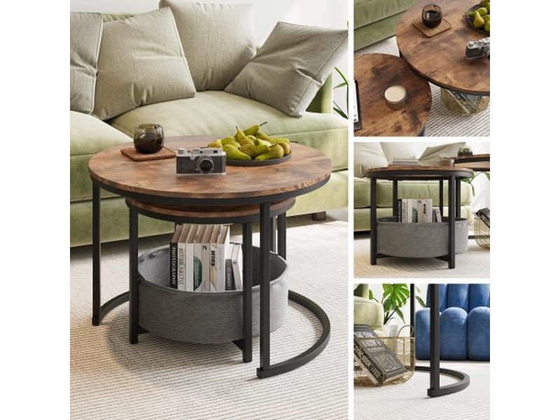 Tables basses rondes gigognes 2 pièces, style industriel, métal et bois, avec rangement, salon - Conforama D