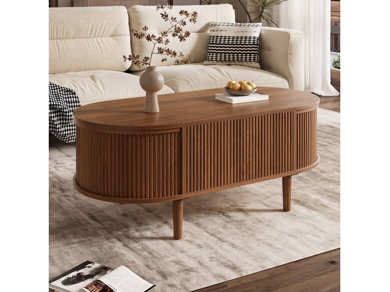  Table basse ovale relevable 100x48x54,5 cm, design vague, rangement, en mdf, style moderne, table de salon, noyer  - Conforama D