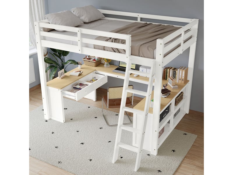  Lit mezzanine enfant 140 x 200 cm lit double bureau en u deux tiroirs étagère de rangement pin mdf et panneau de particules contreplaqué blanc et naturel  - Conforama B