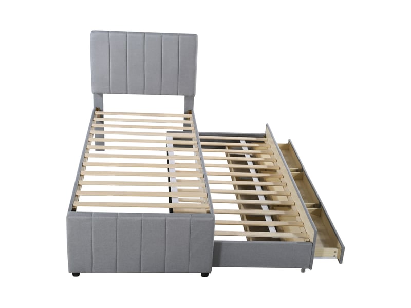 Lit gigogne 90x200 cm 2 en 1 avec 3 tiroirs, lin, gris, sans matelas - Conforama E