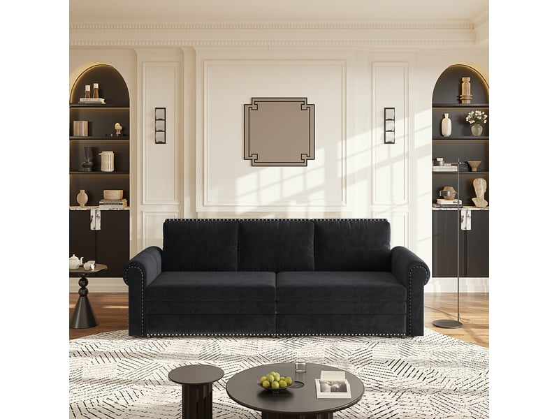  Canapé-lit 3 places 238x90x98 cm 3-en-1 avec coussin de dossier réglable, pour salon, en mousse et velours côtelé, noir  - Conforama B