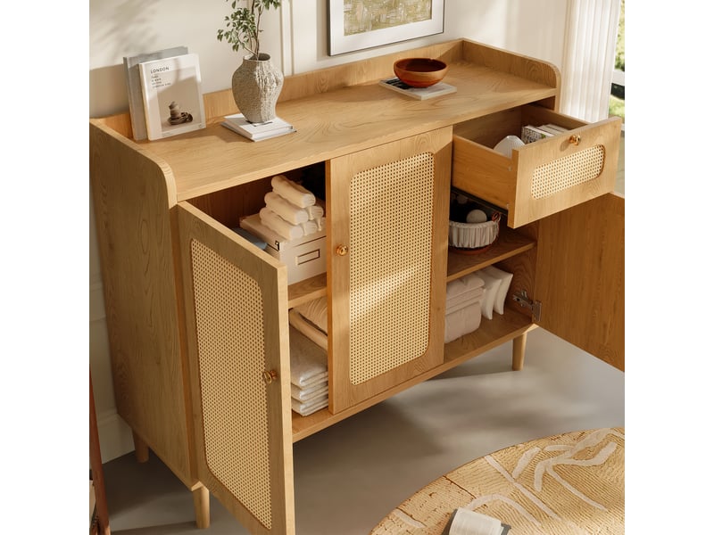  Buffet chêne 120 × 40 × 91 cm, façades rotin, 3 portes et 1 tiroir IKSETERA TRADING LTD - Conforama R