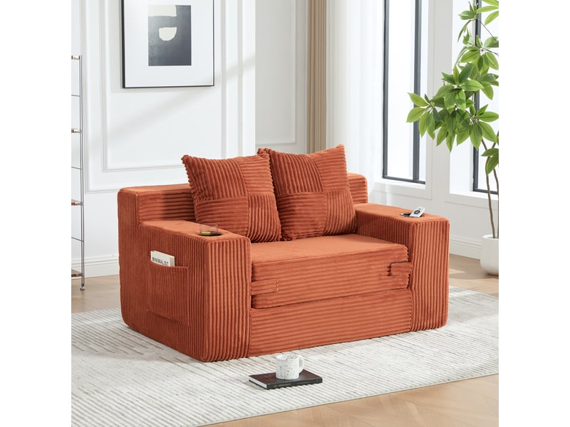  Canapé droit moderne orange en velours côtelé avec coussins et rangement latéral intégré pour salon contemporain  - Conforama B