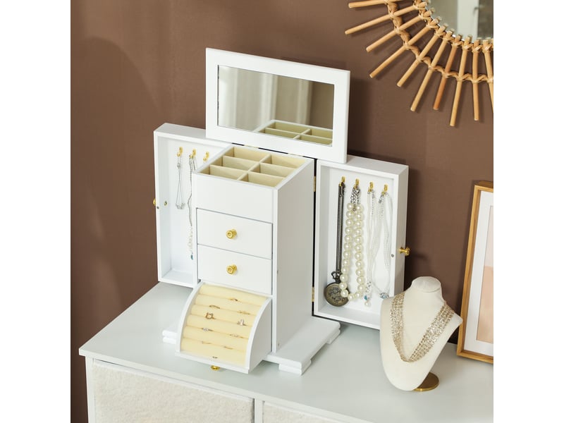  Boîte à bijoux femme à 4 niveaux, coffre à bijoux en bois avec ailes, miroir et 2 tiroirs, 26,5x16 x33,5 cm, blanc  - Conforama D