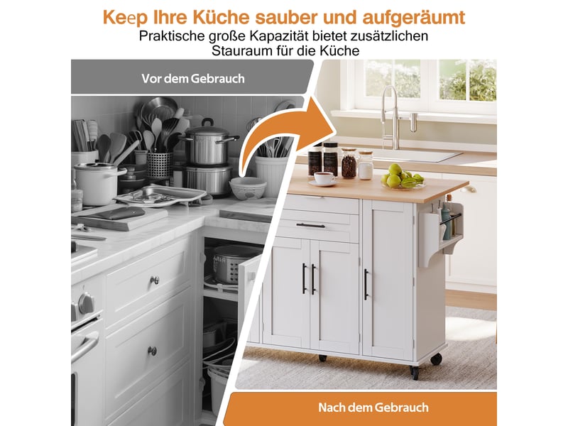  Îlot de cuisine mobile 136 × 4570 × 92 cm en mdf, plateau extensible, étagères réglables, tiroir caché et porte-serviette  - Conforama C
