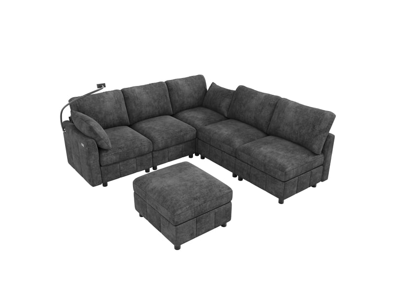  Canapé d'angle modulable 6 places 218x157x85 cm en chenille avec pouf, convertible, usb type-c, support téléphone ul pour salon - gris  - Conforama A