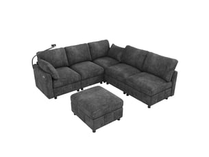 Canapé d'angle modulable 6 places 218x157x85 cm en chenille avec pouf, convertible, usb type-c, support téléphone ul pour salon - gris