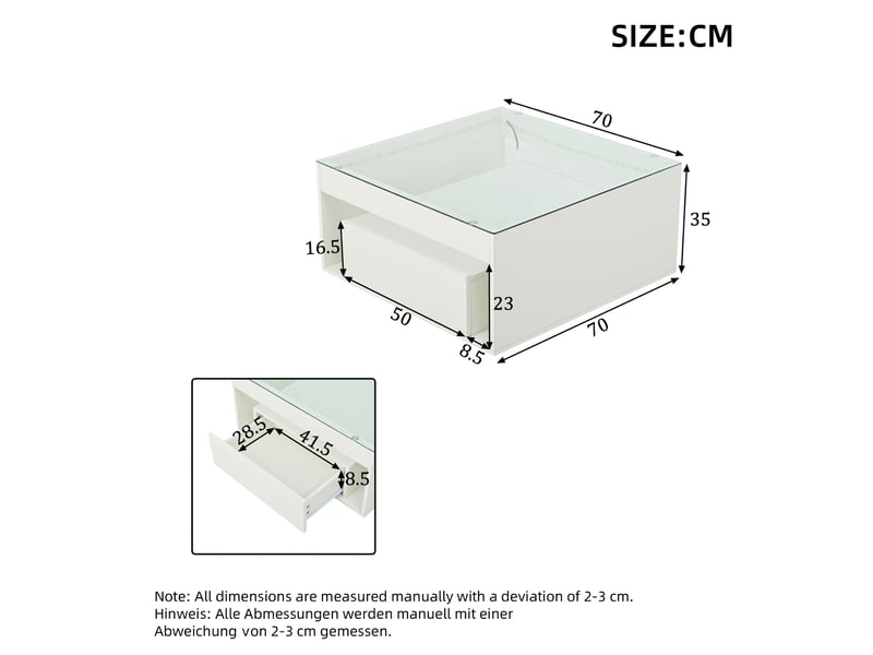  Table basse carrée 70x70 cm avec 2 tiroirs, plateau en verre trempé et éclairage led, mdf blanc brillant  - Conforama C