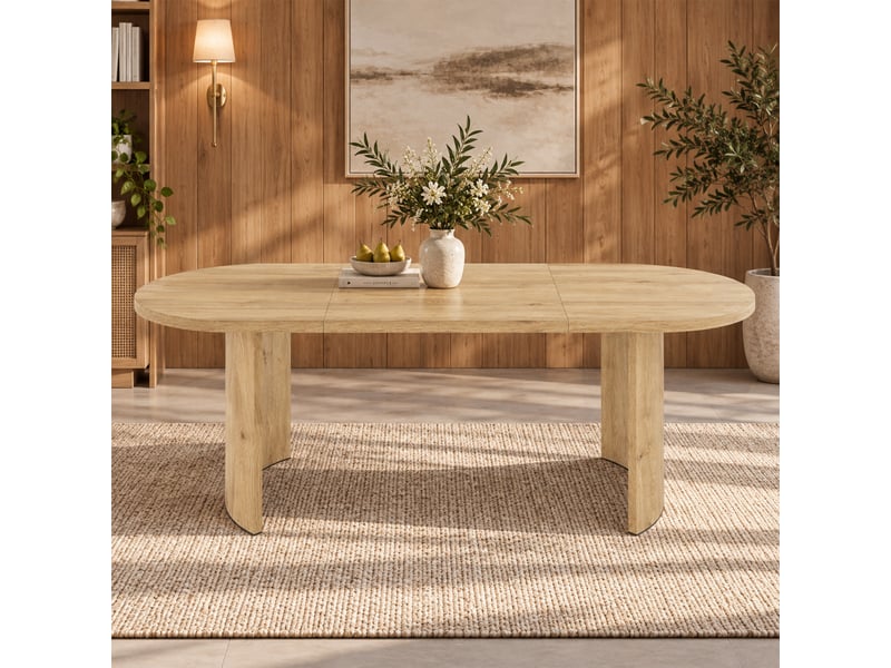  Table à manger 200x90x75 cm pour 6-8 personnes, plateau ovale effet bois, pieds courbés, design moderne salle à manger - mdf-chêne  - Conforama D
