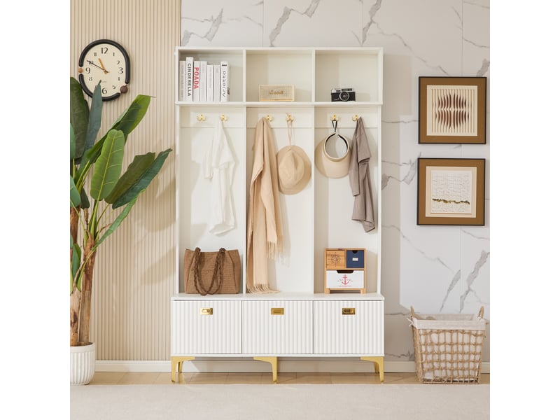  Meuble d'entrée avec banc, rangement ouvert et 6 crochets dorés, en panneaux de particules blanc, 120×23,5×191,5 cm  - Conforama C