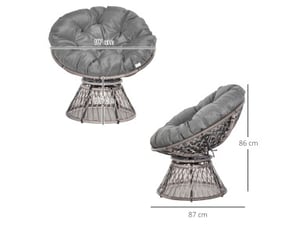 Fauteuil papasan gris en résine tressée, coussin et rotation à 360°, 87 x 97 x 86 cm, pour jardin et salon