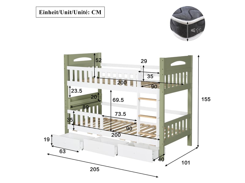 Lit superposé enfant 90x200 cm avec échelle, 3 tiroirs, bois et mdf, couleur blanc et vert sans matelas, design simple - Conforama C