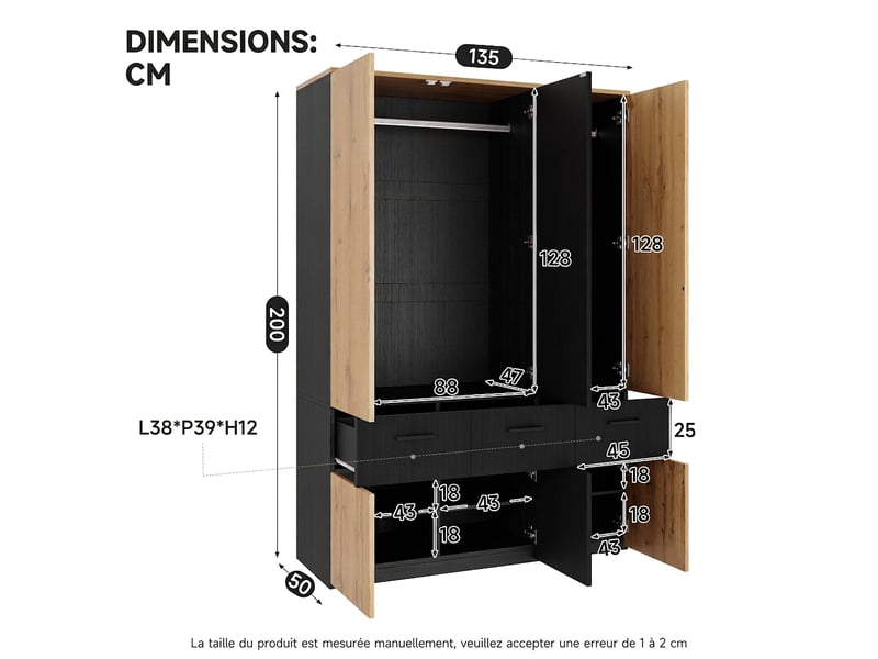 Armoire blanche 135x45x200 cm avec 2 tringles et 2 tiroirs, rangement modulable pour chambre - Conforama W