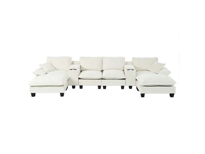  Canapé panoramique en u modulaire avec rangement, usb et porte-gobelets - chenille beige 392 × 151 × 90 cm  - Conforama A