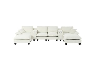 Canapé panoramique en u modulaire avec rangement, usb et porte-gobelets - chenille beige 392 × 151 × 90 cm