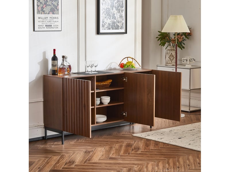  Buffet et enfilade avec 3 portes et 2 étagères réglables, design 3d ondulé, pour salon et salle à manger, en mdf, naturel, 150 × 40 × 80 cm  - Conforama B