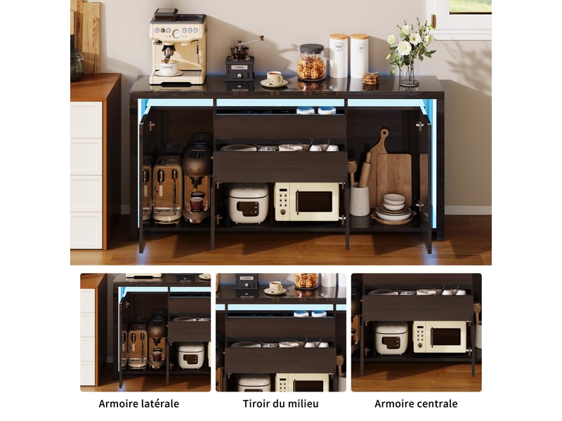  Buffet cuisine avec éclairage led, armoire de rangement avec 4 portes 2 tiroirs, buffet salon meuble salle à manger, 160 x 35 x 75 cm  - Conforama D