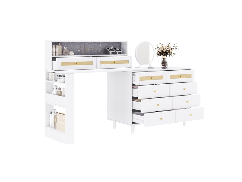  Coiffeuse modulable en l avec miroir 105x50x108cm | style bohème blanc verre et cannage rotin | 10 tiroirs et armoire bijoux - blanc  - Conforama A