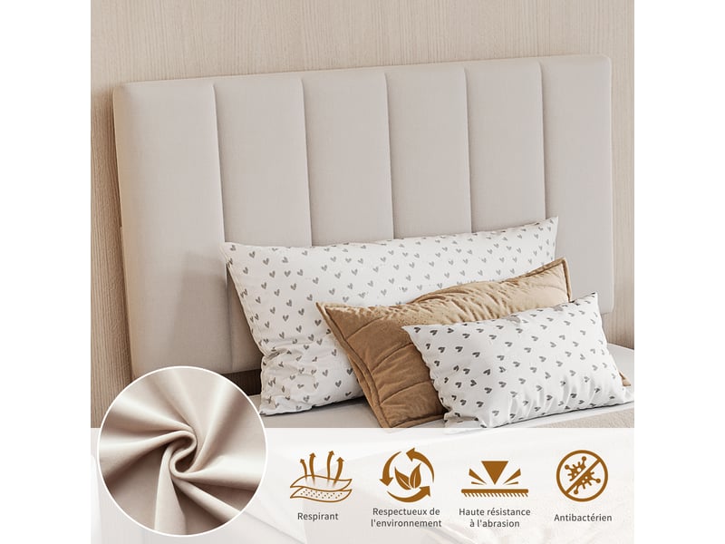 Lit enfant simple 90x200 cm avec rangements intégrés et tête de lit réglable en hauteur, tissu lin, beige, sans matelas - Conforama R