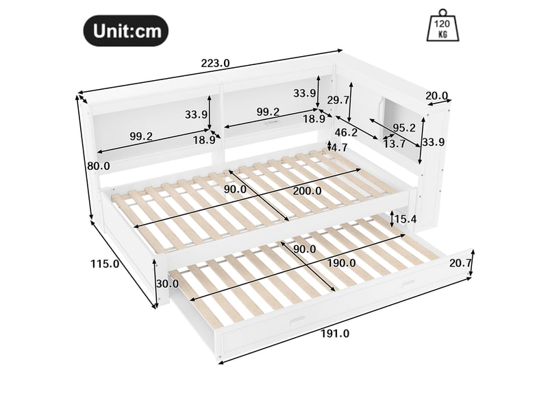  Lit gigogne 90x200 cm, avec led et rangements, en bois, blanc, sans matelas  - Conforama C