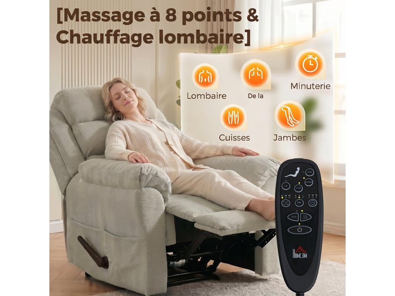  Fauteuil inclinable massant et chauffant en tissu chenille crème 95x87x109 cm  - Conforama D