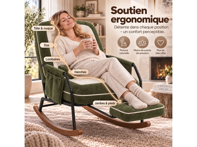  Fauteuil à bascule moderne avec dossier inclinable 100°-160°, repose-pieds escamotable, coussin en fausse fourrure de lapin,vert  - Conforama D