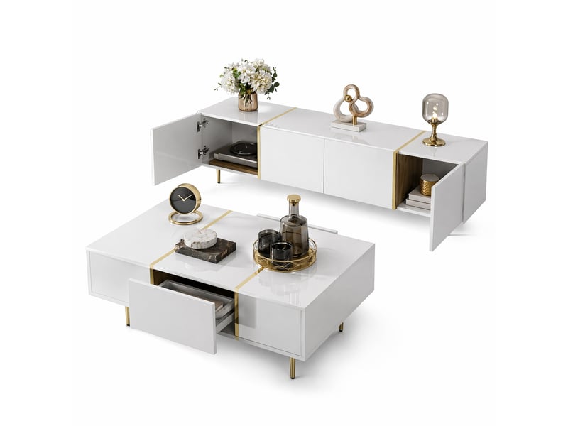  Ensemble meuble tv et table basse pour salon, avec 4 portes, 2 tiroirs et charnières amorties, mdf,blanc  - Conforama A