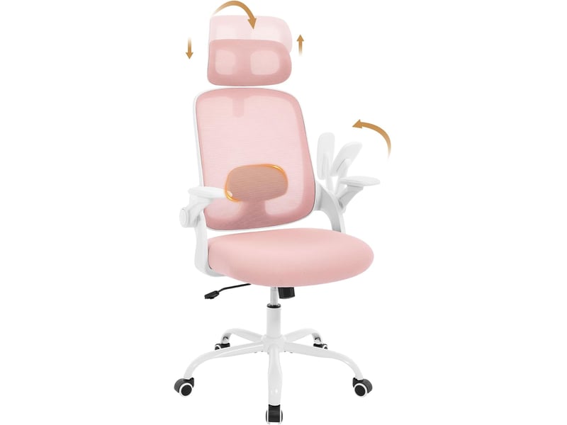 Chaise bureau ergonomique, en maille, appui-tête et accoudoirs réglables, hauteur réglable, rose  - Conforama B
