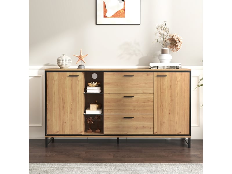 Buffet et enfilade avec vitrines, led 16 couleurs et étagères réglables pour séjour moderne en mdf 160×40×85 cm - Conforama B