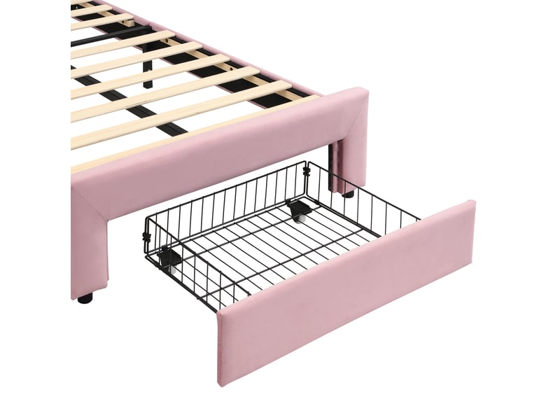 Lit enfant 90x200 cm lit capitonné avec tiroir et led, velours rose, sans matelas - Conforama R