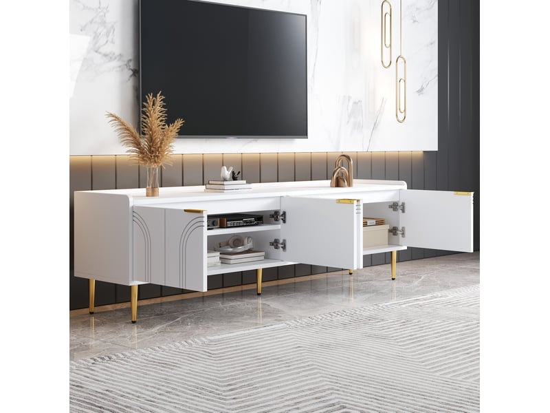  Meuble tv bas 170x35x47,5 cm, design sculptural, poignées et pieds dorés, rangements modulables, structure mdf, blanc  - Conforama B