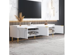 Meuble tv bas 170x35x47,5 cm, design sculptural, poignées et pieds dorés, rangements modulables, structure mdf, blanc