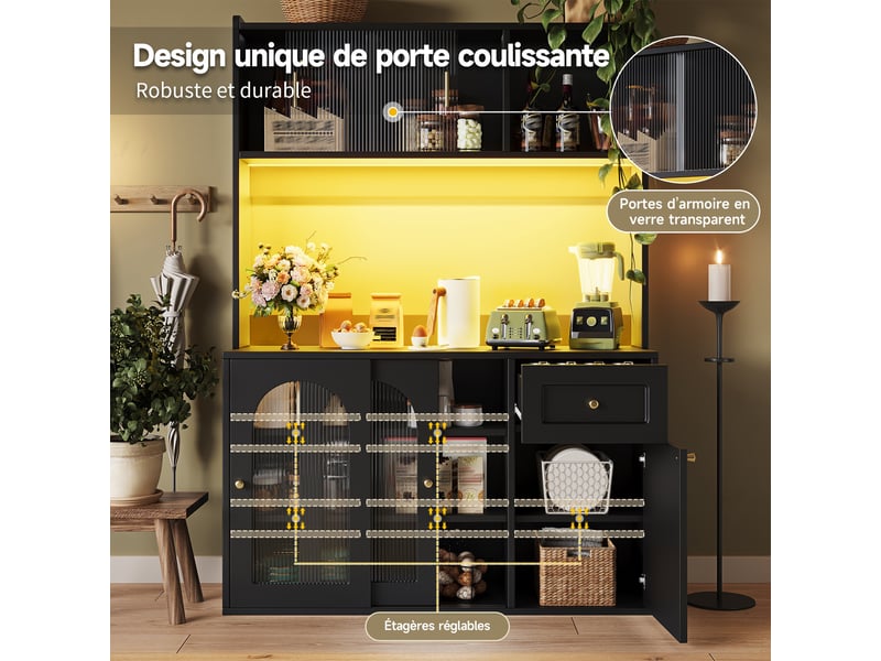  Buffet de cuisine noir avec led, vitrine colonne salle à manger, étagères réglables, meuble de rangement cuisine,120 x 35 x 167 cm  - Conforama D