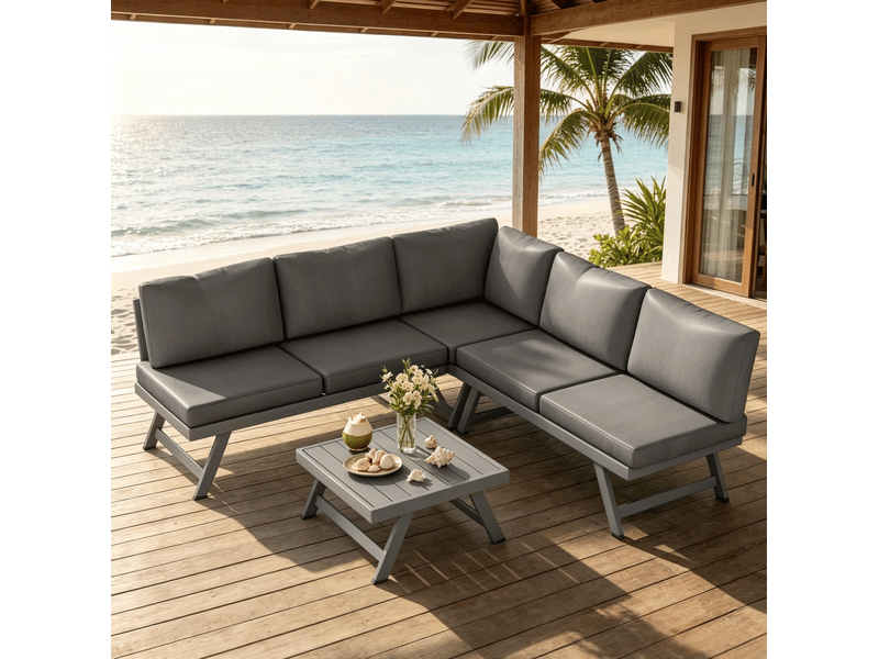  Salon de jardin d’angle 5 places avec dossiers inclinables, table basse, gris  - Conforama D