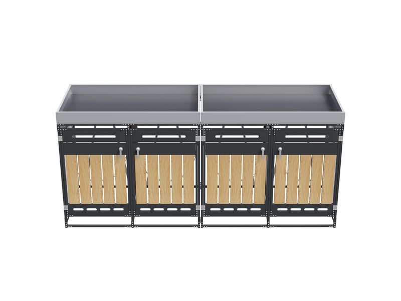 Cache-poubelles 4 compartiments avec bac à plantes, panneaux bois vertical, métal noir - Conforama E