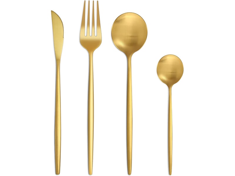  Set couverts de table 6 personnes dorés, ensemble de couverts inox 24 pièces, comprend des couteauxfourchettescuillères, fini mat et lavable au lave  - Conforama A
