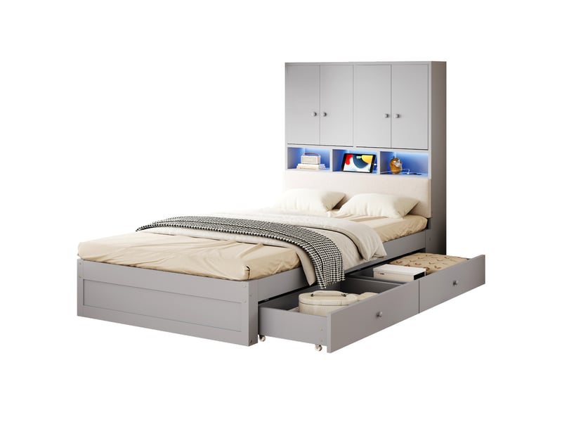  Lit simple 90x200 cm avec rangement, led et prises en bois gris  - Conforama A