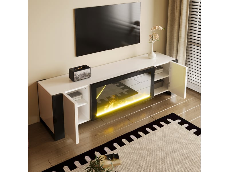  Meuble tv modenvie avec cheminée électrique décorative 165 x 32 x 55 cm blanc et noir  - Conforama B