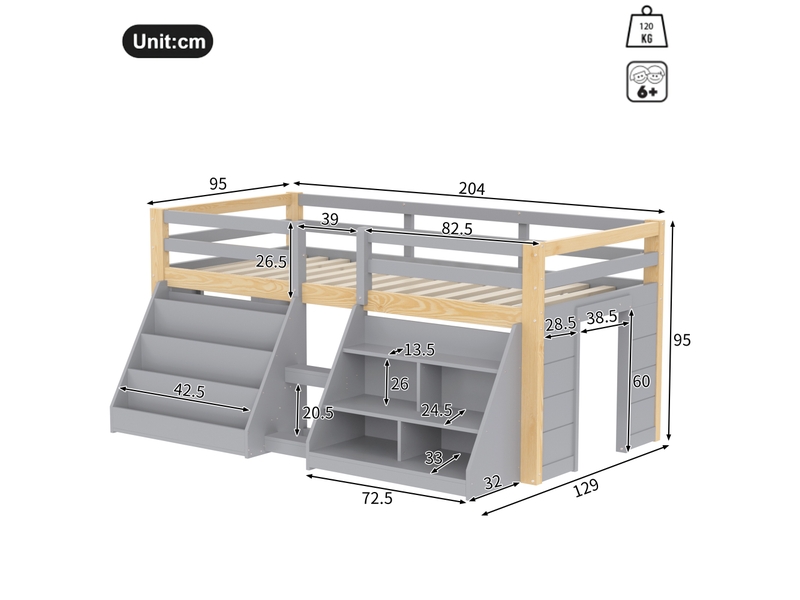 Lit mi-hauteur - lit enfant 90x200 cm avec rangement, étagères, led, barrières et échelle, en pin et mdf, gris et naturel - Conforama D