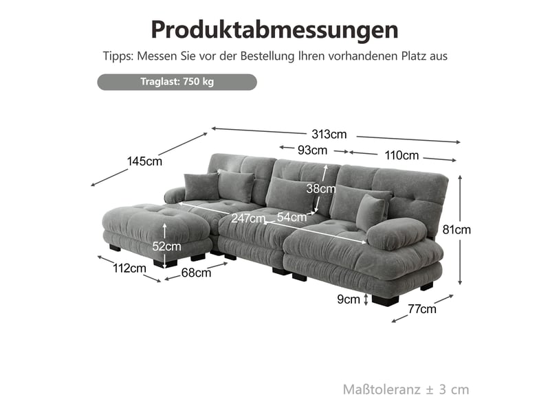  Canapé d'angle modulable en chenille gris avec ottomans mobiles et coussins d'appoint pour salon  - Conforama C