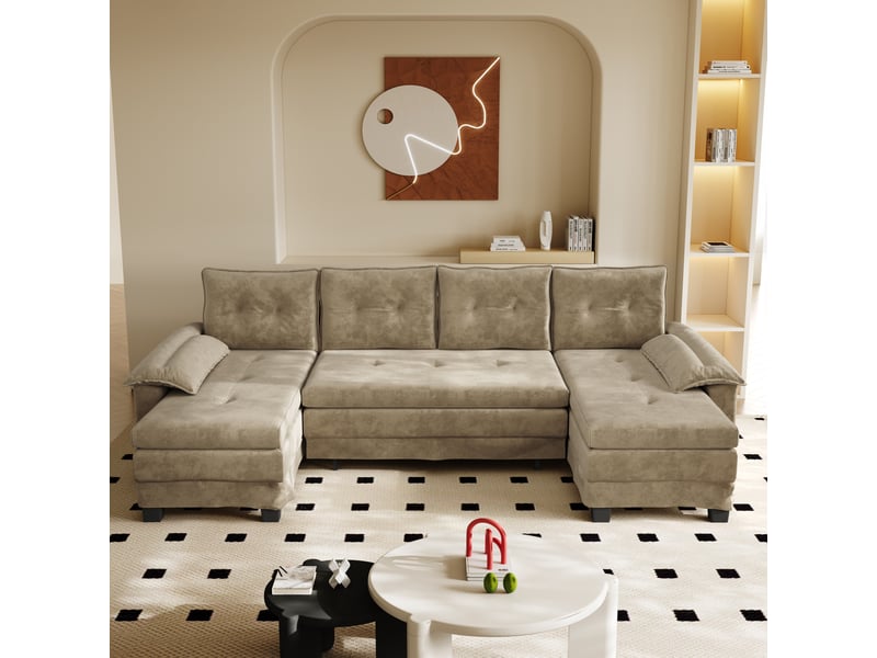 Canapé panoramique convertible modulable 4 places en u 278x127x87 cm, canapé-lit gigogne, couchage 242x117 cm, ports usb, tissu chenille chameau - Conforama C