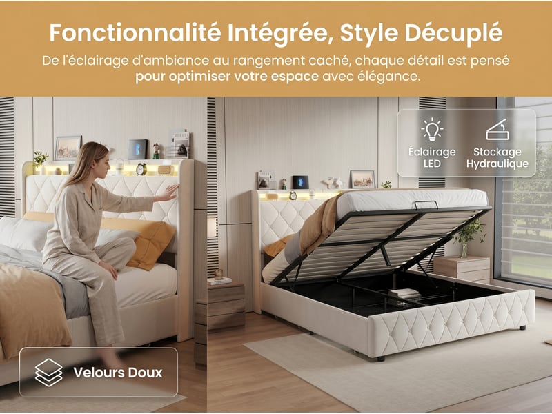  Lit 2 places 160x200 cm - avec éclairage led - tête de lit avec étagère - similicuir pu beige - sommier à lattes inclus  - Conforama E