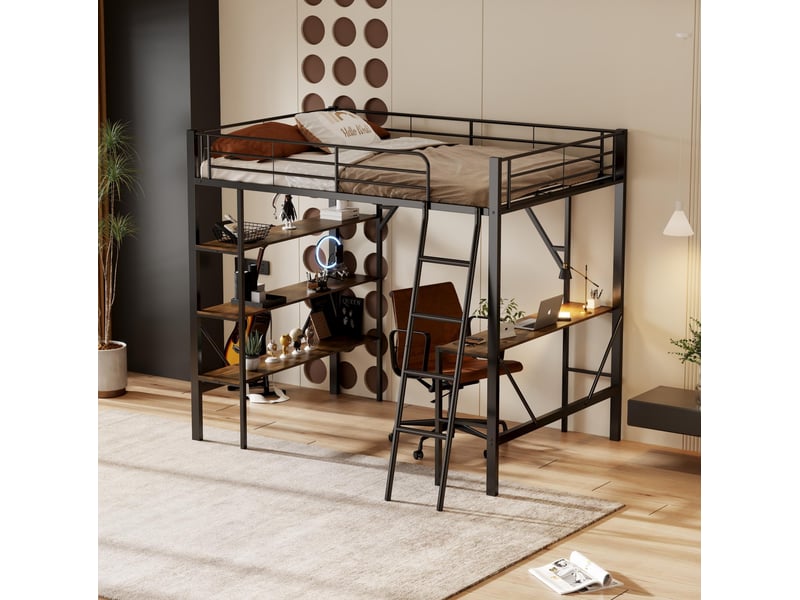  Lit mezzanine 90x200cm, table, sommier en métal, lit simple, 3 étagères rangement, noir, sans matelas  - Conforama D