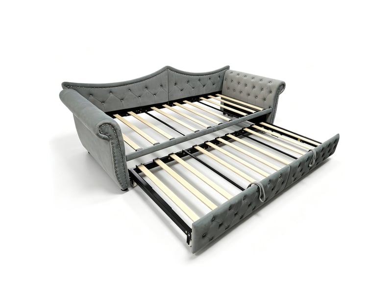 Lit gigogne 3-en-1 90x200 cm en velours gris avec usb et led, sans matelas - Conforama A