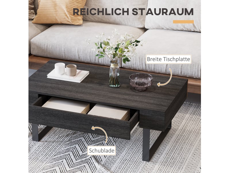  Table basse rectangulaire avec 1 tiroir et rangements ouverts, structure acier noir, gris foncé 110 × 60 × 40 cm  - Conforama E