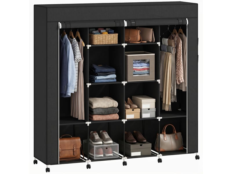  Armoire portable en tissu à roulettes, 10 compartiments, 2 tringles, structure en acier noir  - Conforama B