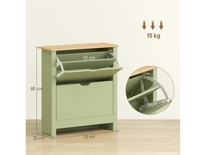  Armoire à chaussures étroite pour 12 paires avec 2 tiroirs rabattables et étagères réglables vert  - Conforama C