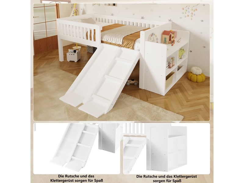  Lit mezzanine 90x200 cm enfant, lit simple avec toboggan, échelle d'escalade, rangement latéral, espace sous le lit, structure en bois, blanc  - Conforama E