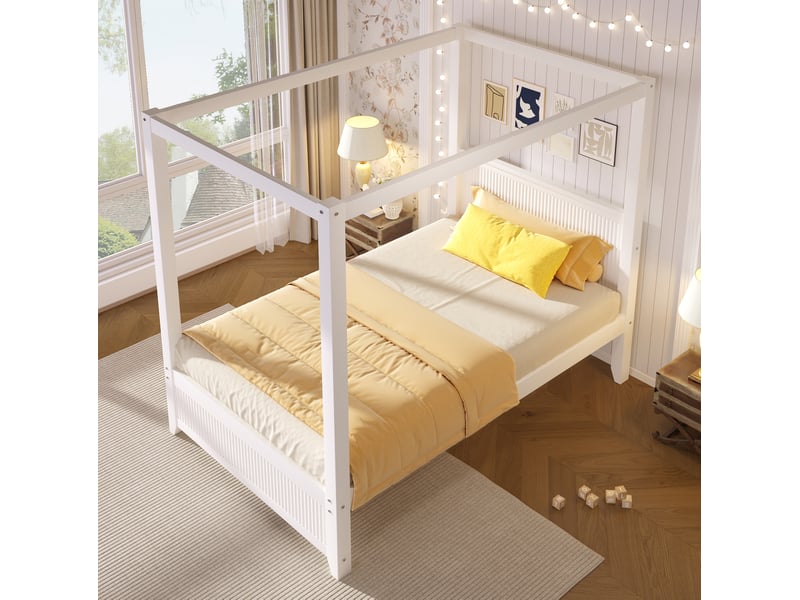  Lit baldaquin 90 × 200 cm avec cadre toit décoratif, lattes verticales, sans matelas, en bois et mdf, blanc  - Conforama D