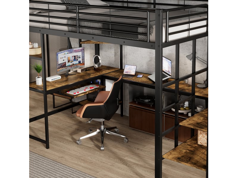 Lit mezzanine 120x200 cm avec espace bureau et port de charge, en métal et bois, noir et noyer foncé - Conforama D